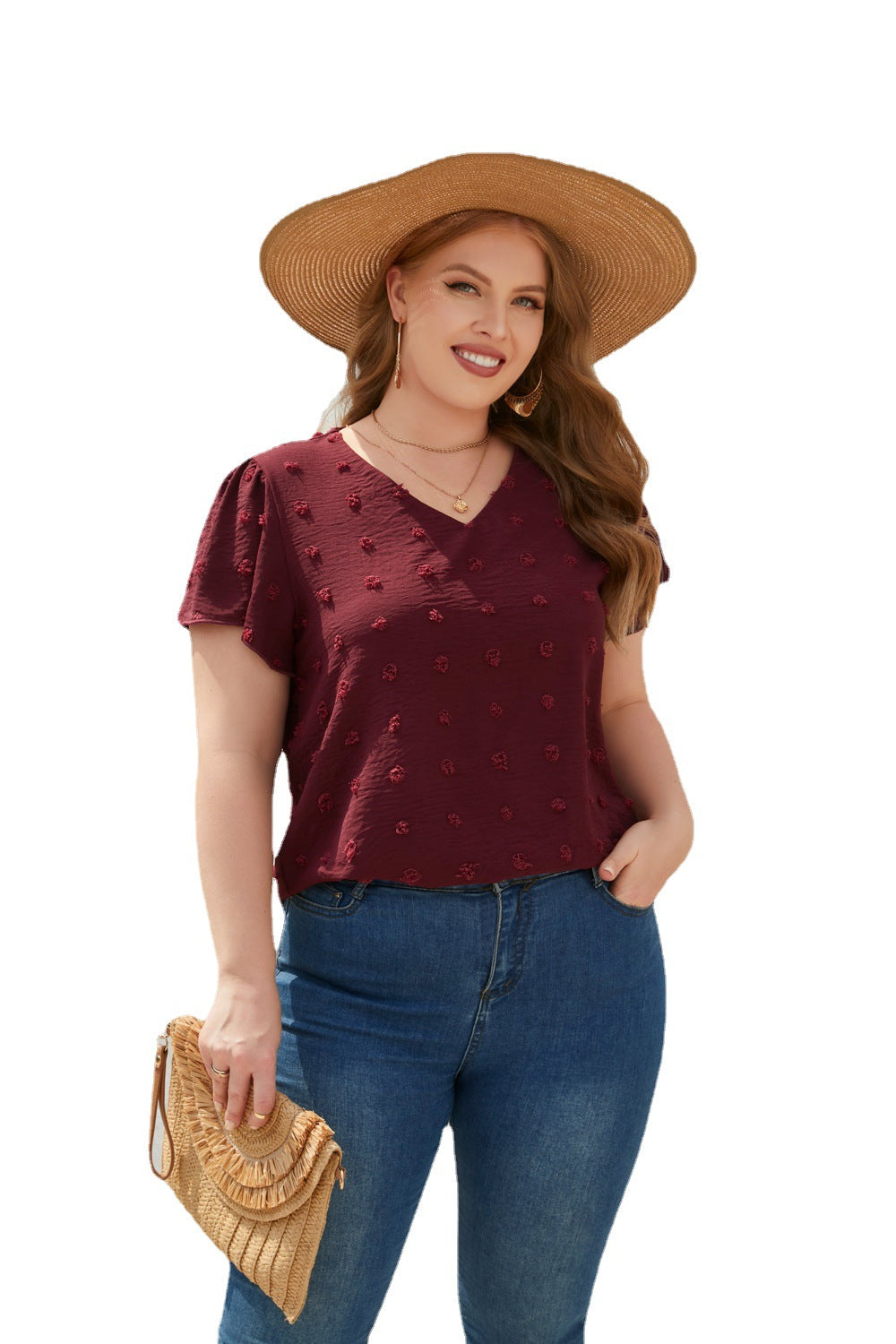 Loose Casual T-Shirt Spring Summer Plus-Size Women's V-Neck Hairball Short-Sleeved Commuter Plus-Size Top