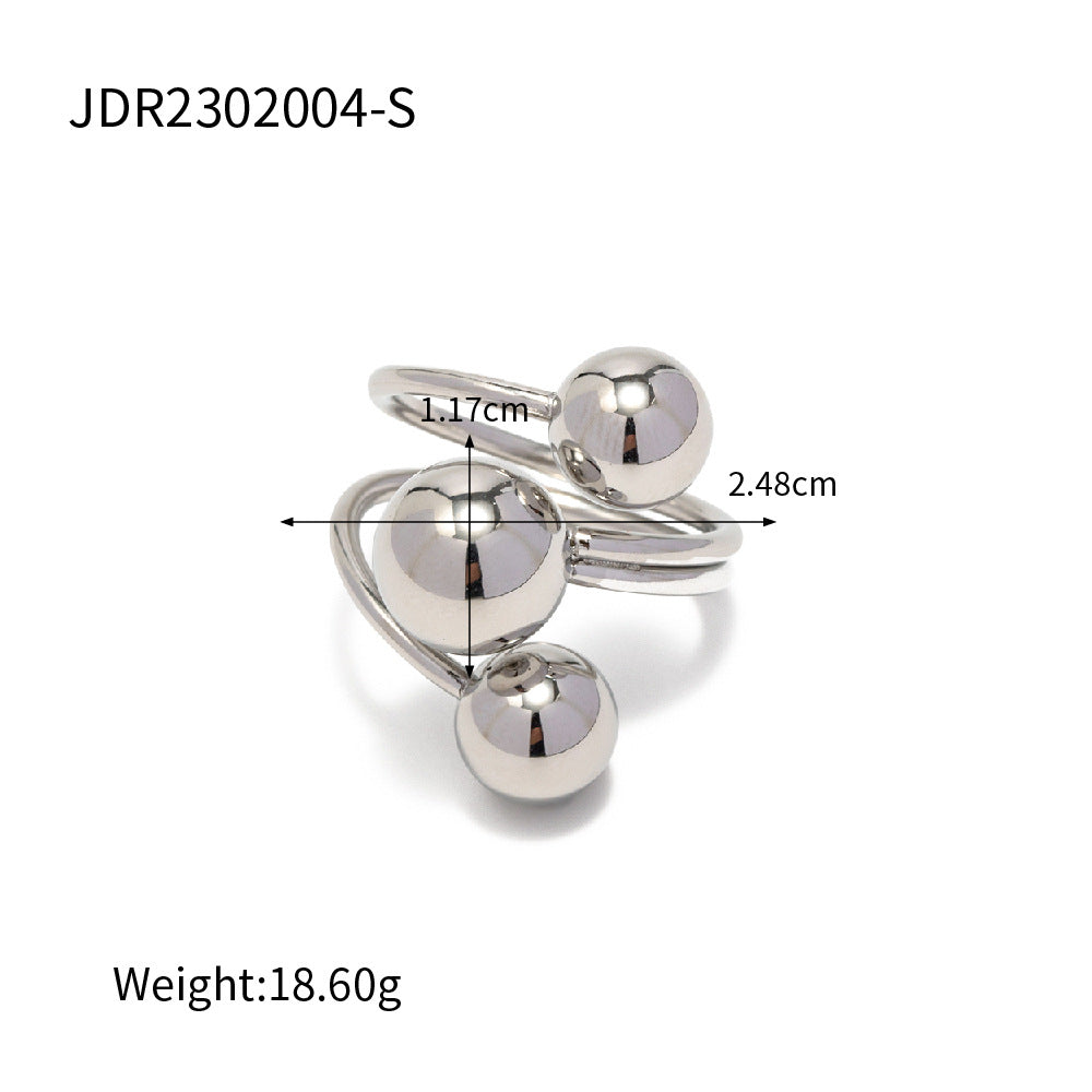 5pcs Non-Fading 18K Gold Stainless Steel Exaggerated Three Spherical Open Ring Fashion Personality Trendy