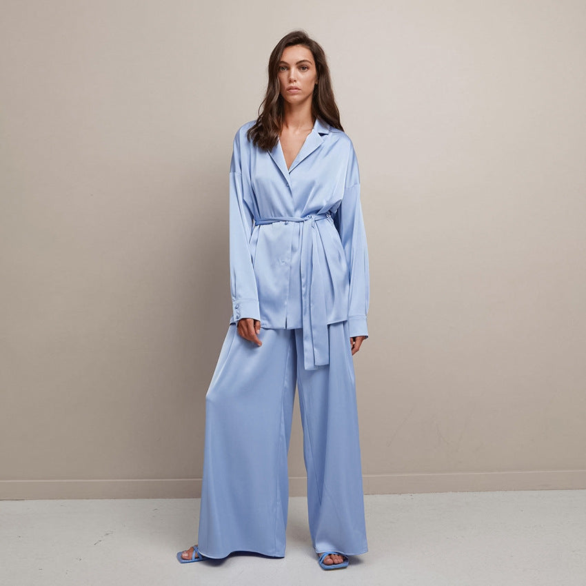 Spring And Summer Solid Color Women's Home Wear Satin Color Ding Shirt Trousers Casual Loose Pajamas Set