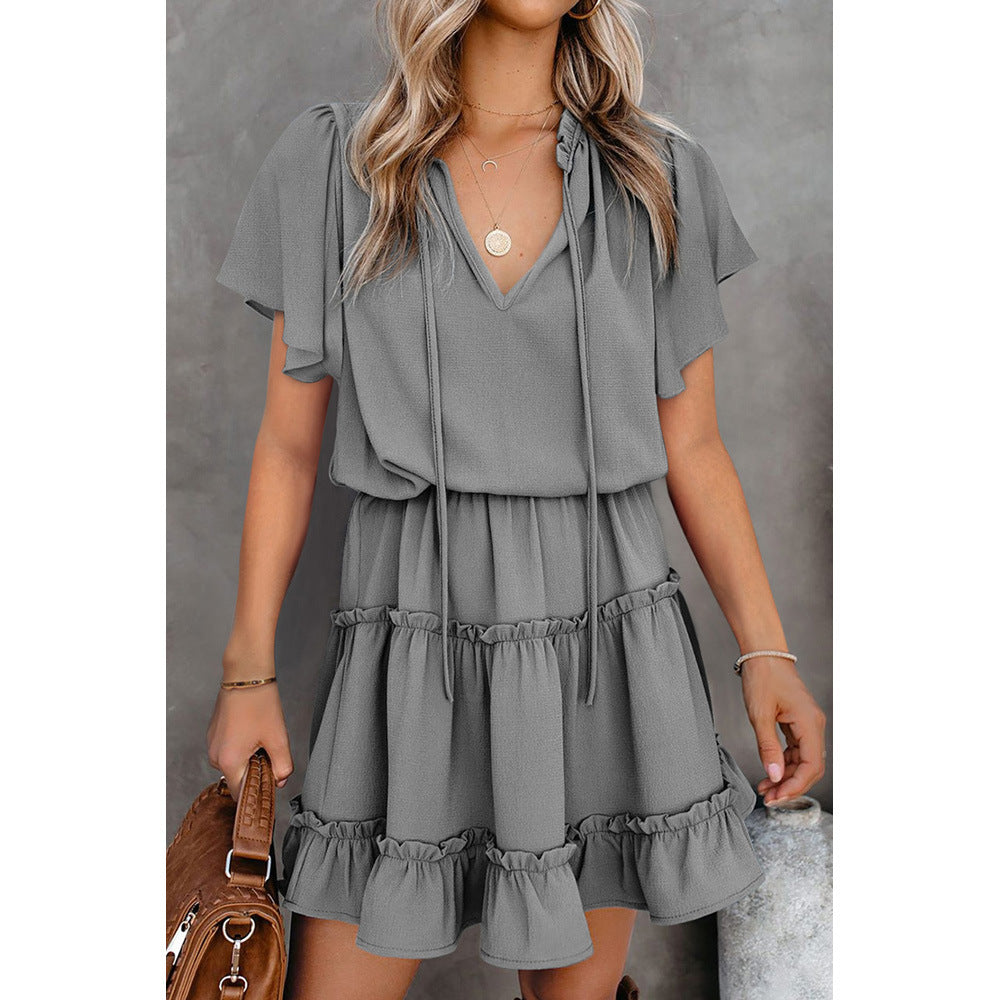 Shiying Solid Color Dress Women's Summer New Ruffled V-Neck Short-Sleeved Knee-Length Skirt