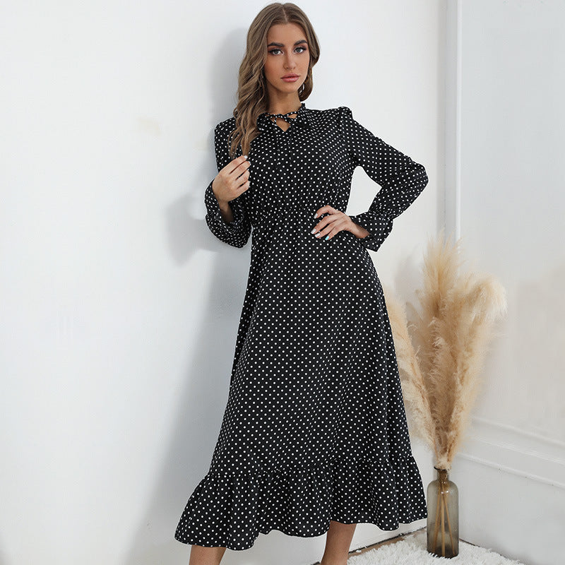 Fashion Women's Spring New Long-Sleeved Polka Dot Dress Long