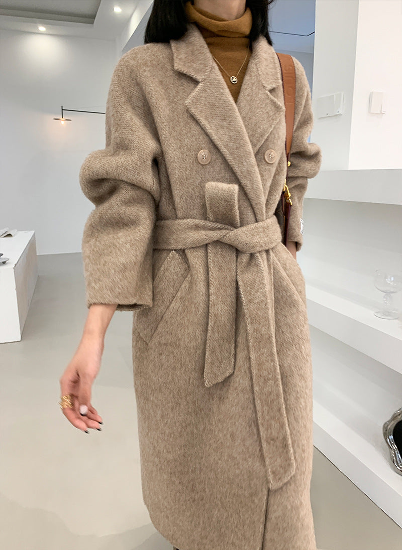 Autumn-Winter Women's European Version M Baby Camel Wool Albaka Herringbone Loose Size Double-Sided Wool Coat