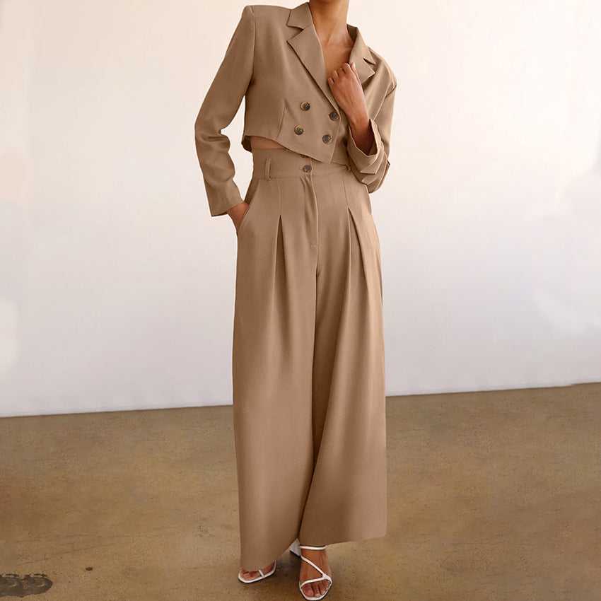 New Fall Fashion Khaki Suit Collar Temperament Short Top High Waist Pant Suit