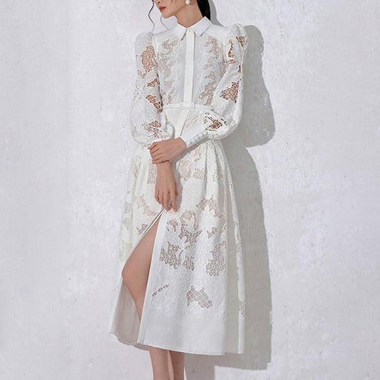 Retro Style Spring New Lapel Long Lantern Sleeve In The Long Embroidery Hollow Solid Color Dress Woman