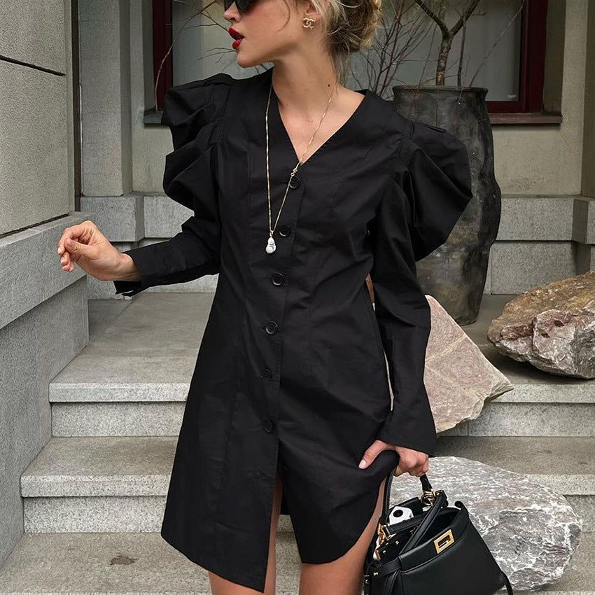 Black V-Neck Puffy Sleeve Commuter Dress New Autumn Fashion Short Skirt Women