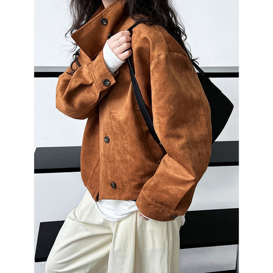 Deer West Brown Suede Coat Loose Silhouette South Style Fashion Senior Sense Standing Collar Jacket Women