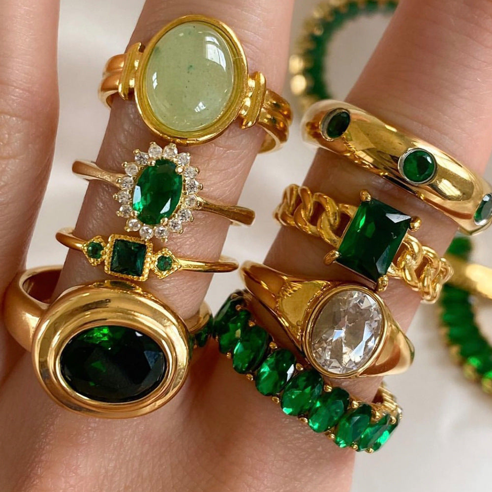 5pcs Jewelry 18K Gold Stainless Steel Inlaid Green Zircon Ring Ladies Fashion All-Match Ring