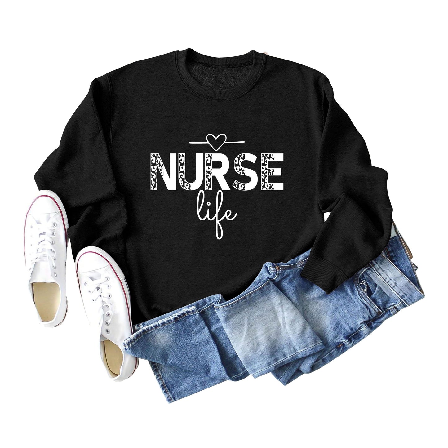 Pullover Crew Neck Top Long Sleeve Nurse Life Print Loose Hoodie