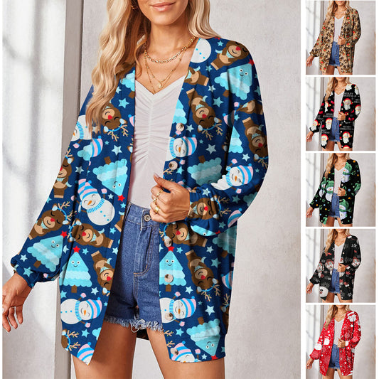 Hot Autumn And Winter New Christmas Theme Printed Button Coat Small Cardigan Women's Wear