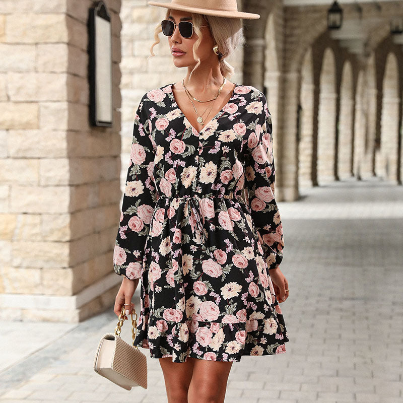 Fashion Women's Autumn V-Neck Long-Sleeved Printed Dress