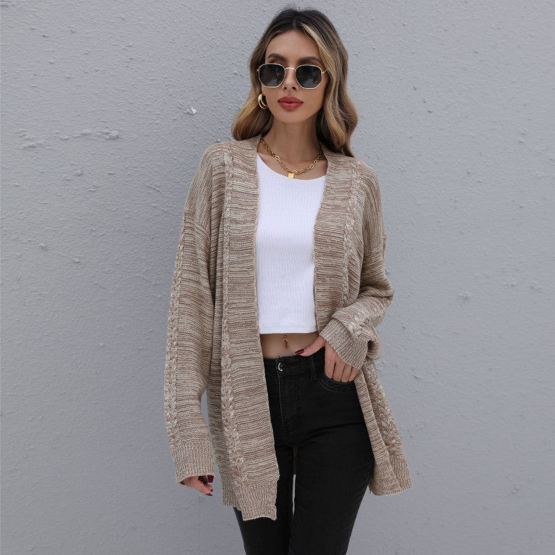 Women's Long-Sleeved Mixed Color Long Coat Sweater