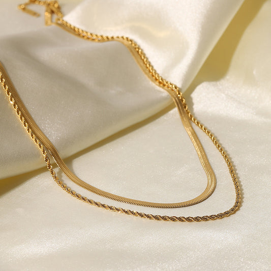 5pcs Style Classic Simple Necklace Jewelry 18K Gold Plated Sheet Chain Flat Snake Chain Twist Chain Double Necklace Collar Female