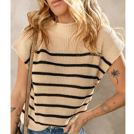 Spring New Pullover Crewneck Sweater Women Casual Style Striped Knit Short Sleeve Blouse Woman