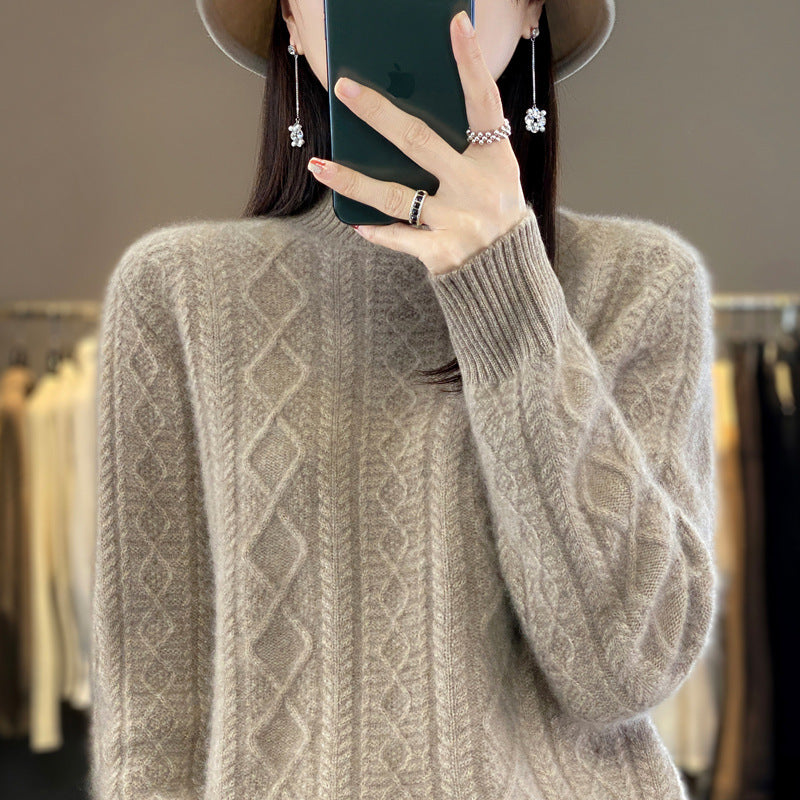 Autumn And Winter New 100% Woolen Sweater Women's Half Turtleneck Floral Thickened Sweater Set Cashmere Knitted Long-Sleeved Base Shirt