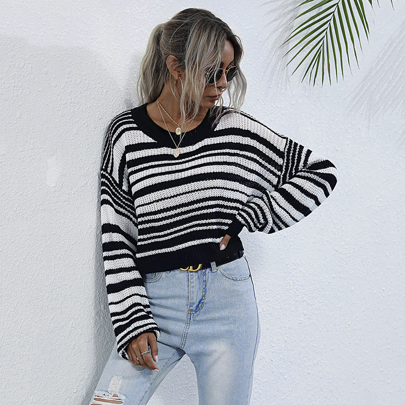 Autumn Round Neck Long Sleeve Bottom Knit Sweater Short Striped Sweater Woman