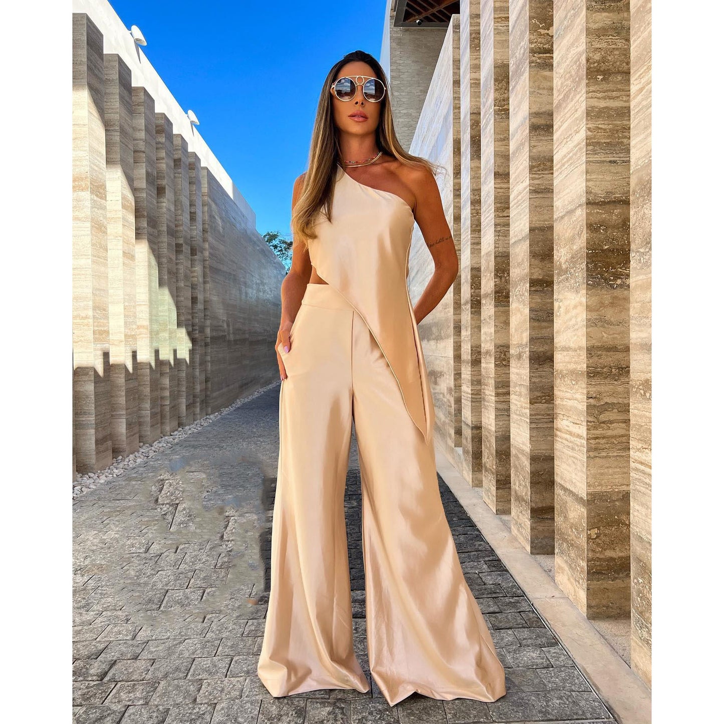 Spring And Summer New Sexy Oblique Shoulder Suit Casual Loose Pocket Women's Two-Piece Set