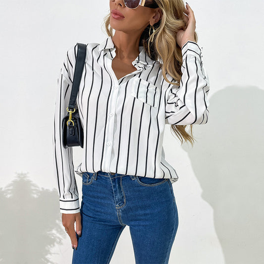 New Professional Women's Loose Lapel White Striped Shirt