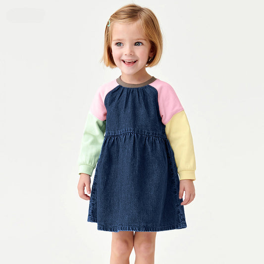 Long Sleeve Girls Denim Skirt Cute Color Matching Girls Skirt Pure Cotton Children's Skirt