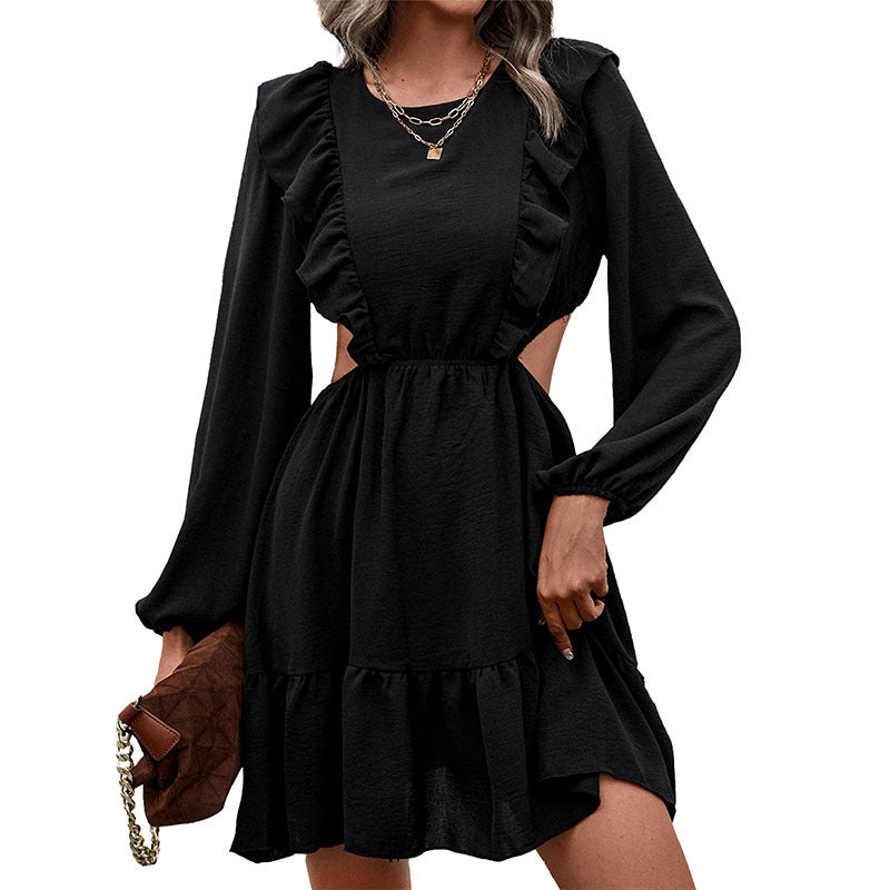 Early Autumn New Fashion Original Women's Solid Color Hollow Flounce Patchwork Dress