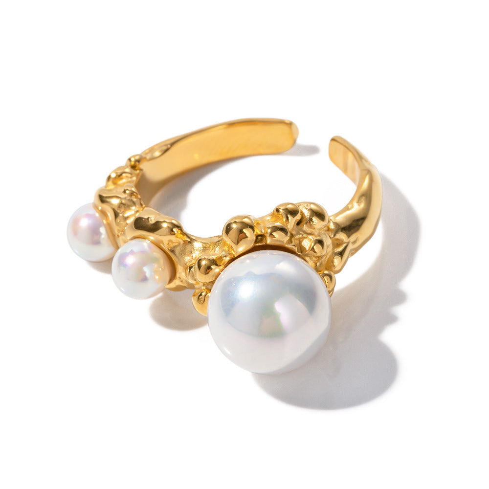 5pcs Stylish 18K Gold Stainless Steel Inlaid Pearl Open Ring Jewelry Does Not Fade Jewelry