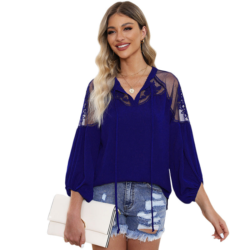 New Sexy V-Neck Lace Shirt Chiffon Shirt