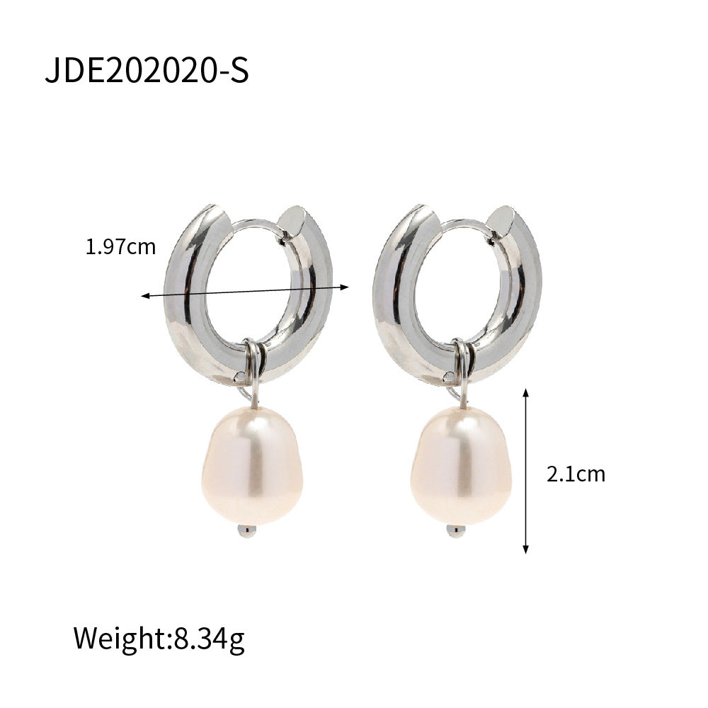 5pcs Stylish Steel Color Stainless Steel Earrings Natural Light Pearl Pendant Earrings For Women