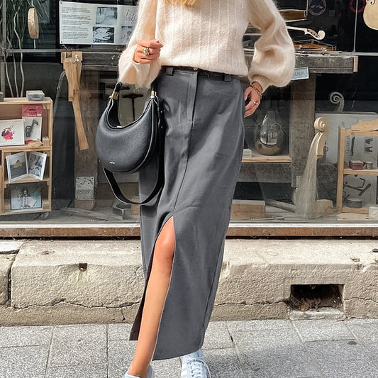 Grey Commuter Straight Tube Split Skirt New Fall Fashion Women's Long Skirt