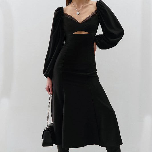 Sexy V-Neck Bubble Sleeve Hollow Lace Imitation Acetic Acid Color Ding Dress New Spring Fashion Women