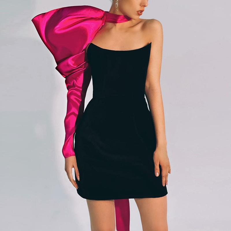 New Women Features One-Shoulder Bow Strapless Small Dress Two-Piece Set Fishbone Slimming Dress