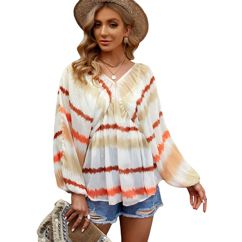 Spring New Long Sleeve Thin Top Women Tie Dye Loose Casual T-Shirt