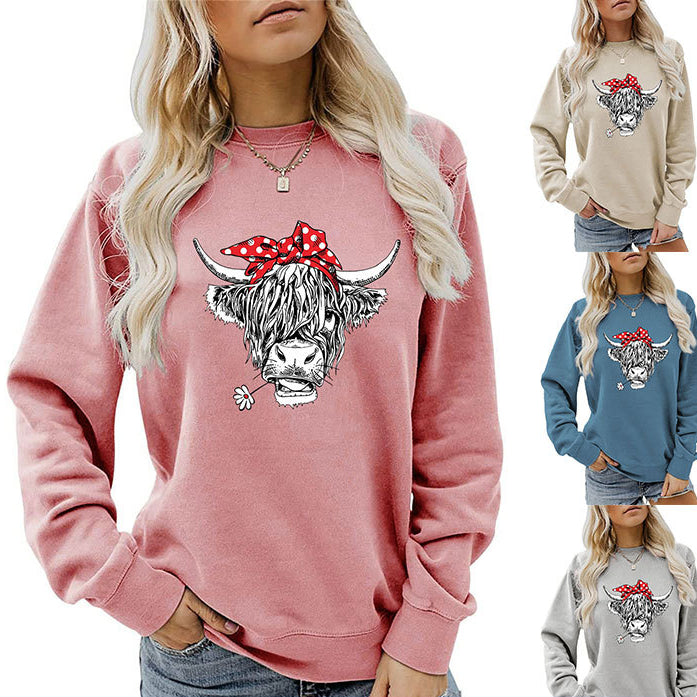 Casual Long Sleeve Crewneck Red Bow Cow Fun Print Loose Women's Hoodie