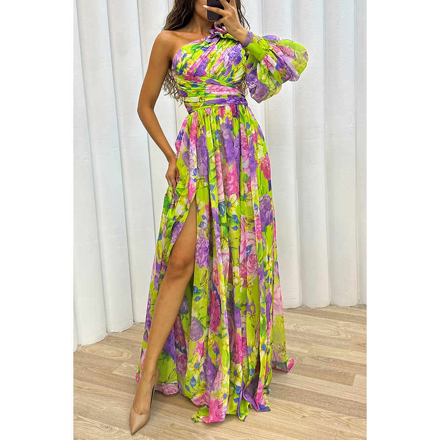 Autumn And Winter Party New Casual Split Dress Loose Multi-Color Oblique Shoulder Dress