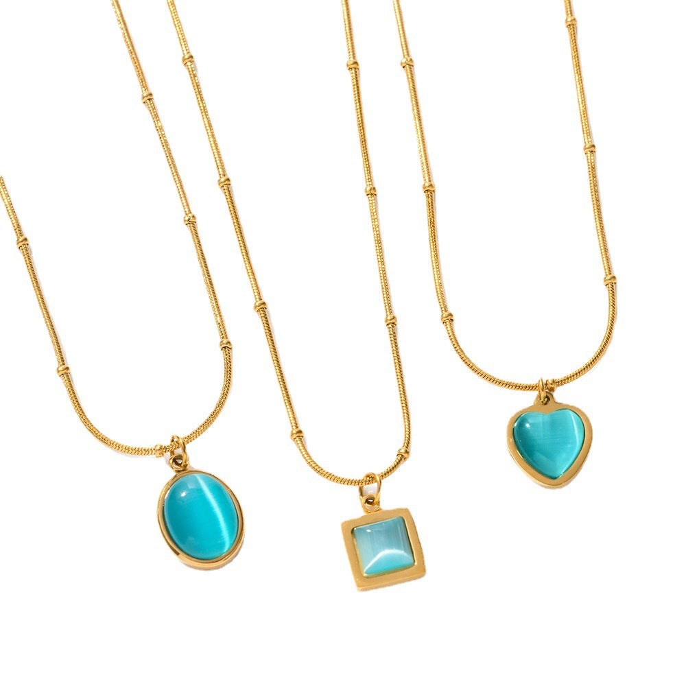 5pcs New Stainless Steel Blue Cat's Eye Square Necklace Niche Design Necklace Fashion Item