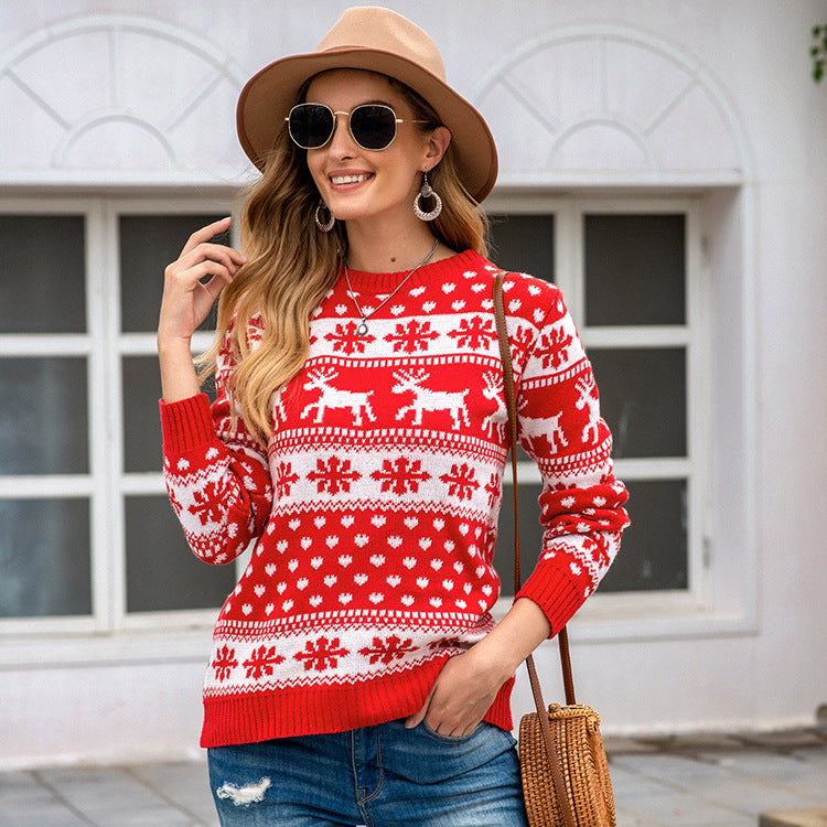 Autumn Winter Fast Sell Sweater Women Christmas Red Round Neck Deer Snowflake Pullover Sweater