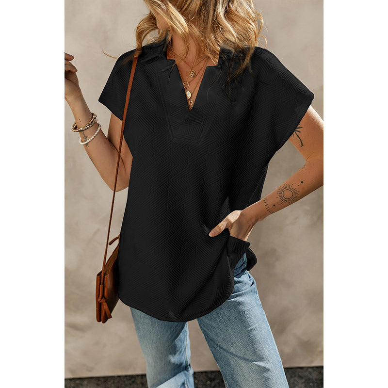 Summer New Solid Color V-Neck Short-Sleeved T-Shirt Women Fashion Personality Under The Spread Fork Jumper Woman