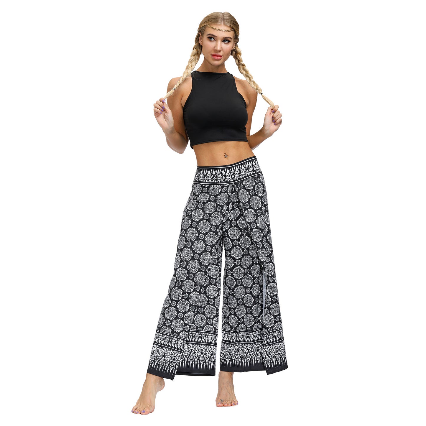 Digital Print Split Slacks Slacks Slacks Sports Yoga Pants Women's High-Waisted Wide-Leg Pants