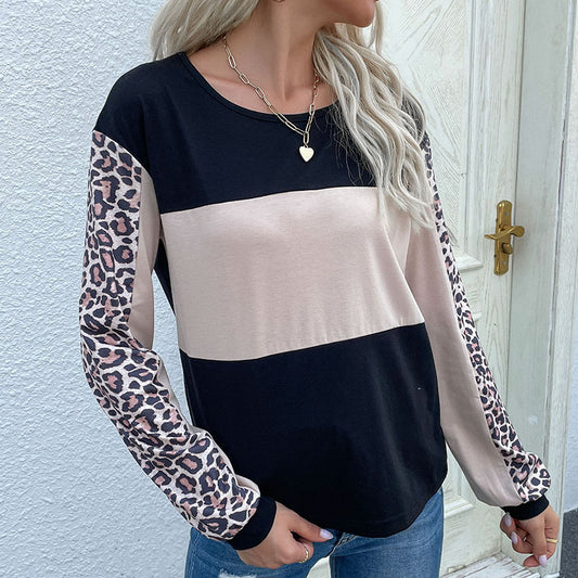 Autumn New Fashion Loose Casual Jacket Leopard Print Splicing Long-Sleeved T-Shirt Woman