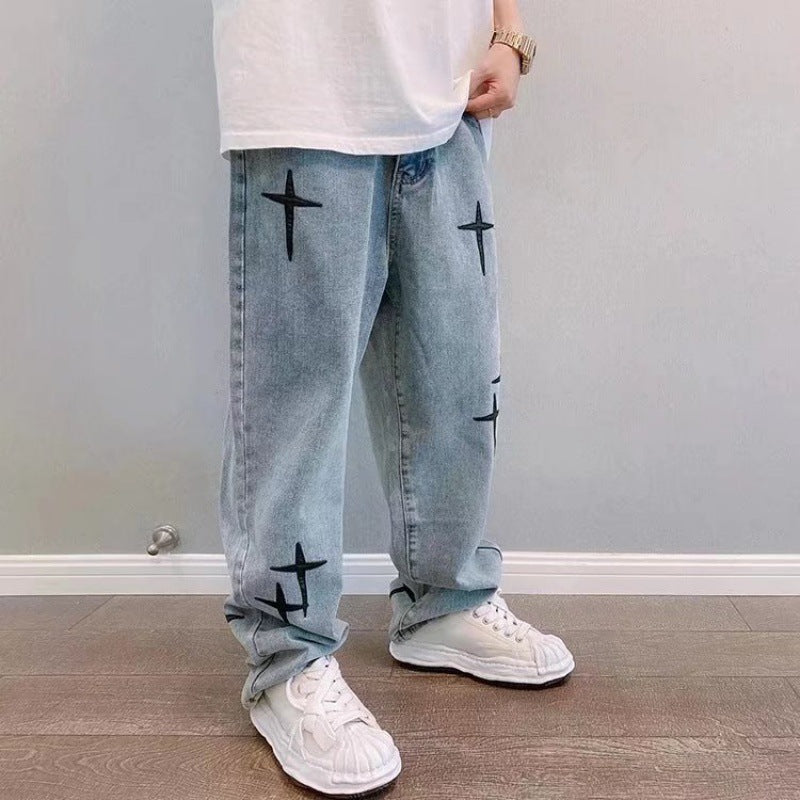 Men Straight Leg Loose Spring And Autumn New Casual Men's Nine Points Pants Port Wind Wide Leg Pants Jeans