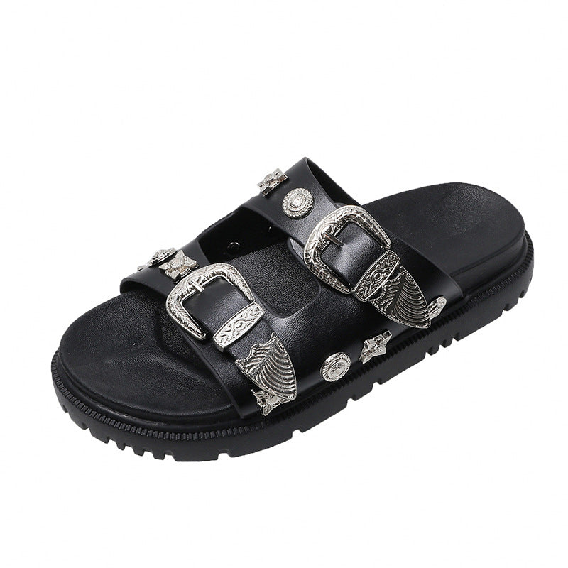 Summer Fashion Dark Wind Toga Metal Slippers Female New Rivet Thick Sole Casual Slippers Beach Slippers Sandals