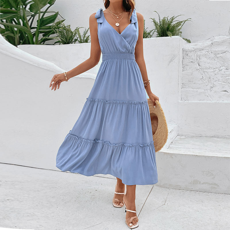 Summer New Women's Solid Color Halter High Waist Dress