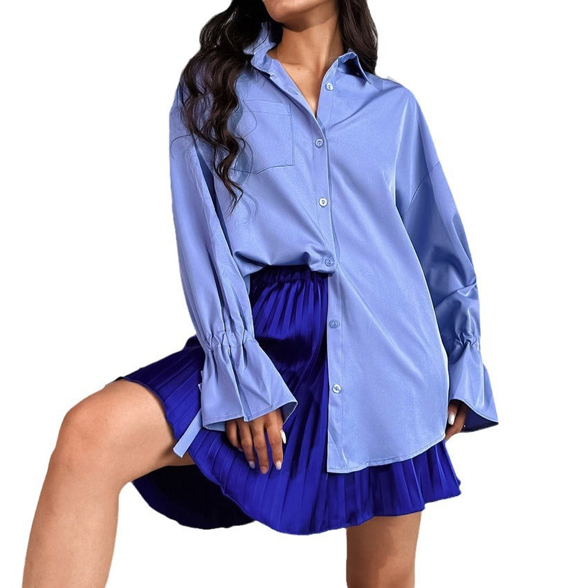 Spring Summer Blue Lapel Long Sleeve Temperament Lace-Up Women's Shirt Fashion Women's Wear