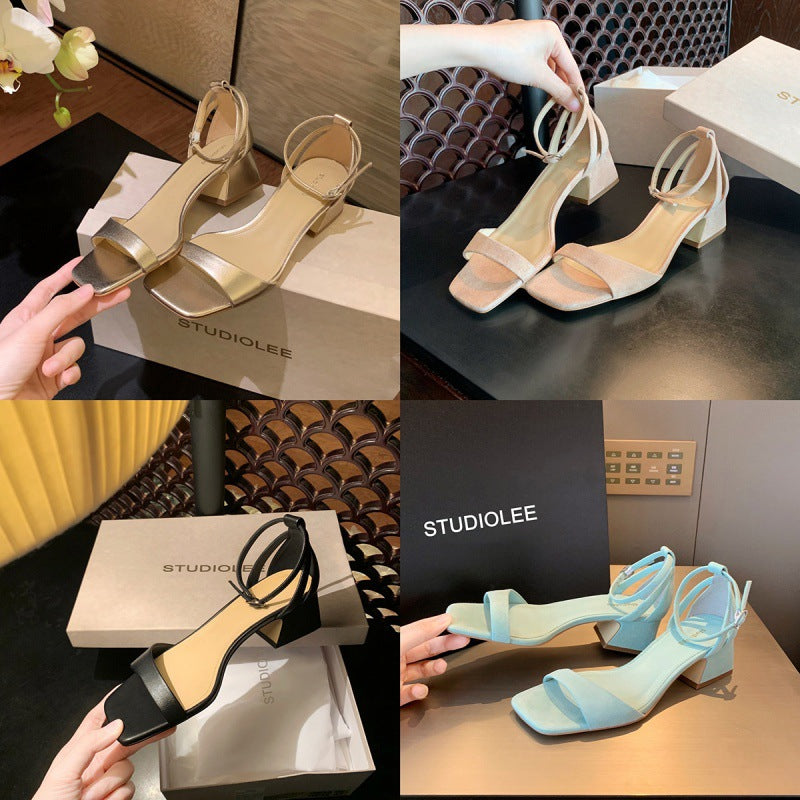 New Simple Square Head Irregular Line With Thick Heel Sandals For Women Summer