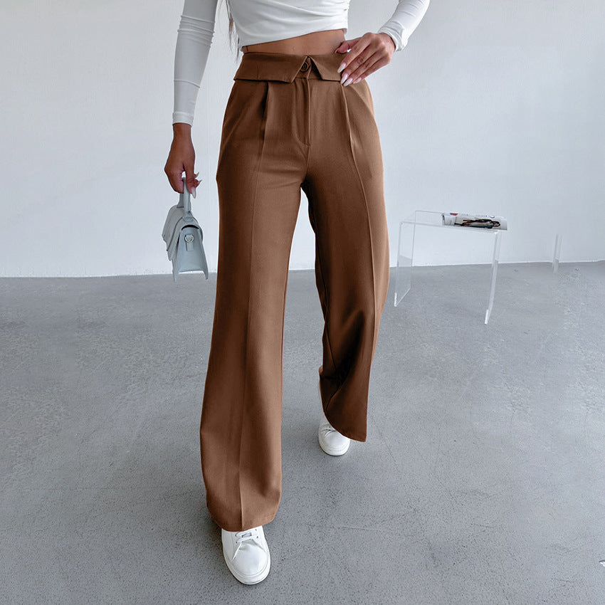 Sexy Temperament Casual Pants With Fashion Solid Color Mid-Waist Broadfoot Pants Autumn Simple Commuter Women's Wear