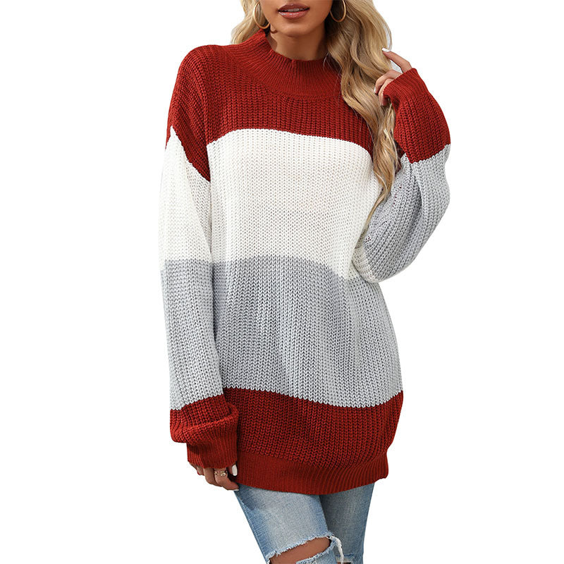 New Autumn And Winter Fashion Women's Long-Sleeved Matching Color In The Long Sweater Casual Women