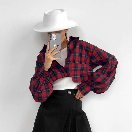 Retro Plaid Short Design Sense Long Sleeve Loose Shirt New Autumn Fashion Woman