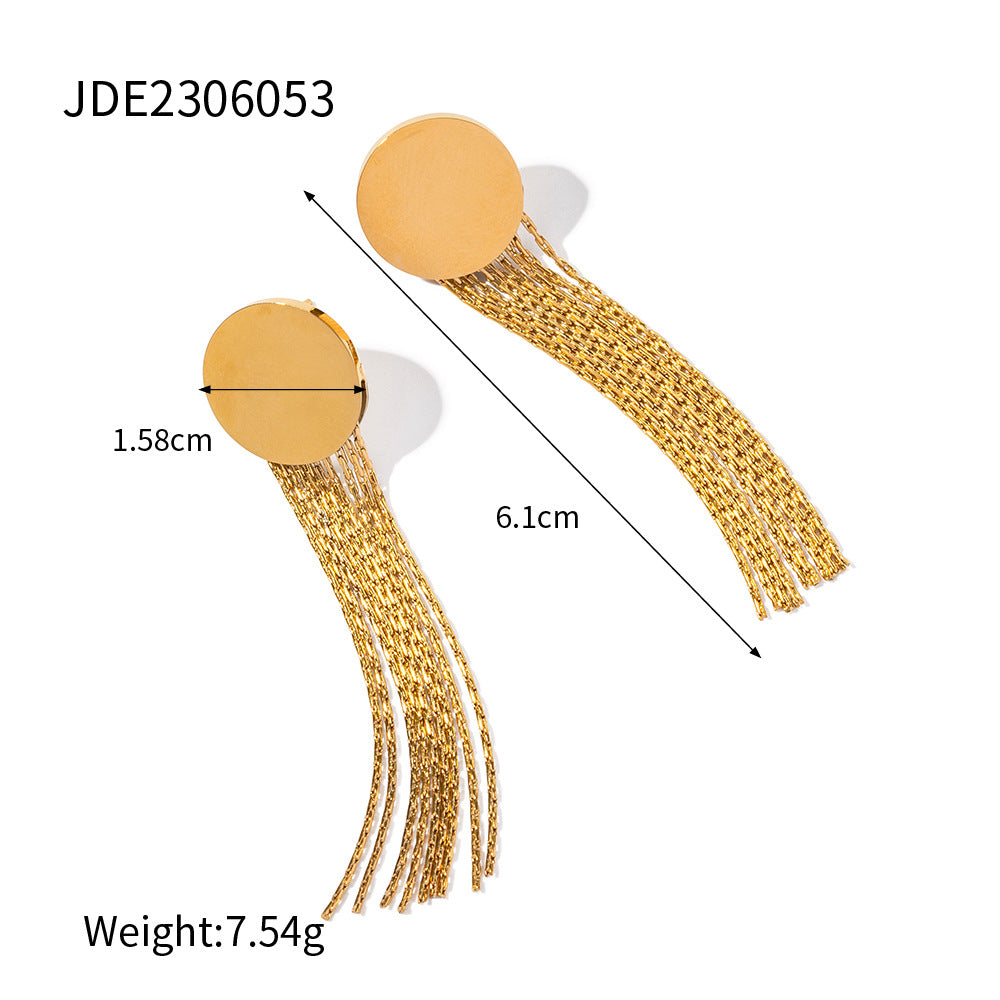 5pcs Simple 16K Gold Stainless Steel Round Long Strip Tassel Earrings Exaggerated Temperament Stud Design Feel Earrings Women