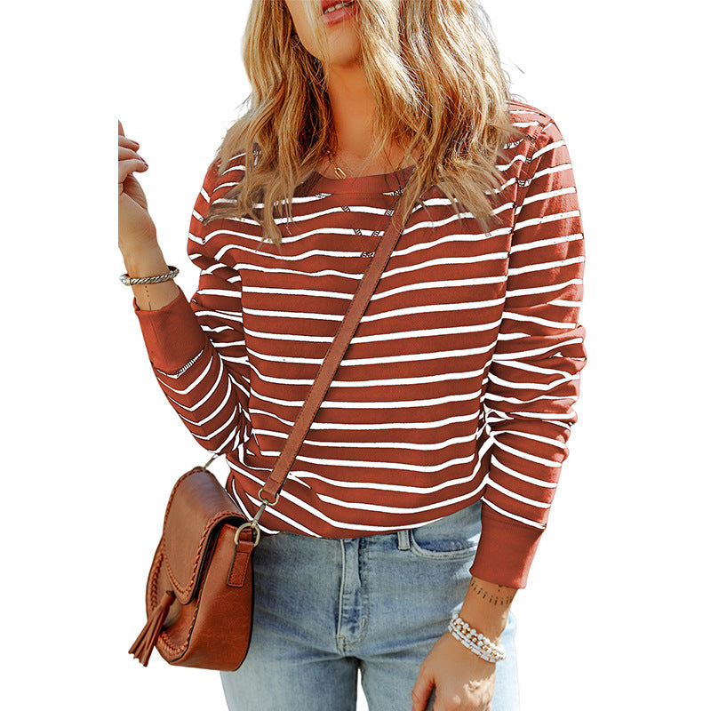 Early Autumn New Striped Long-Sleeved Top Women Casual Style Loose Pullover Crewneck Sweater Women