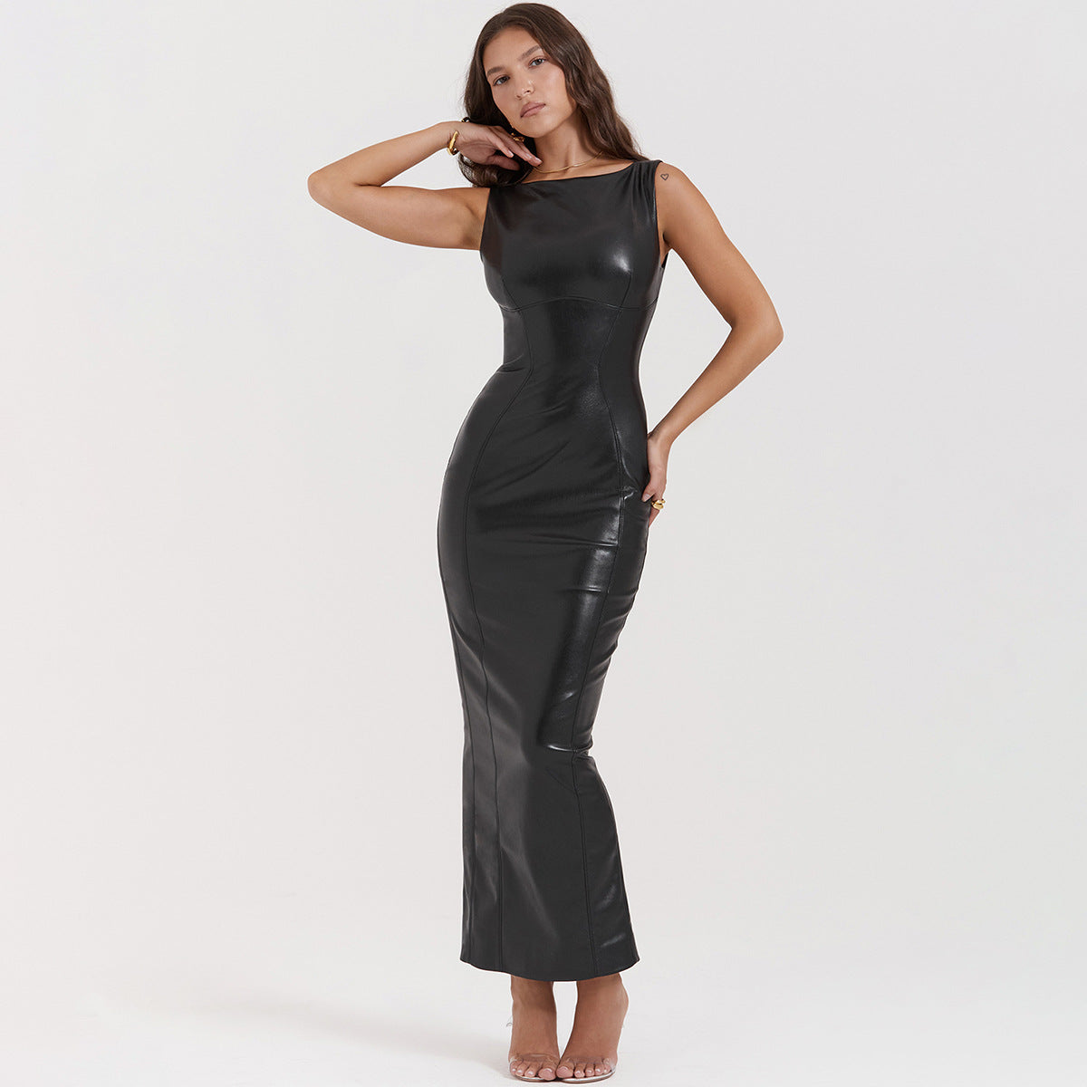 Sexy Women's High-End Pu Leather Tight Bag Hip Long Skirt Black Sleeveless Sundress Slit Dress Women