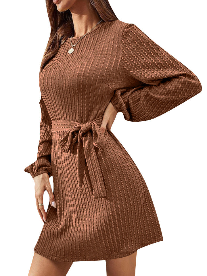 Autumn And Winter New Women's Belt Long Sleeve Twist Knitted Dress Bubble Sleeve Casual Skirt