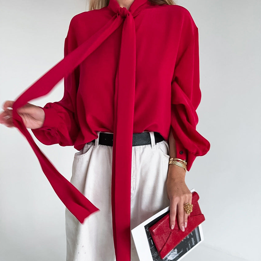 Red Chiffon Lapel Float Lead Women's Loose Shirt New Fall Fashion Top For Women